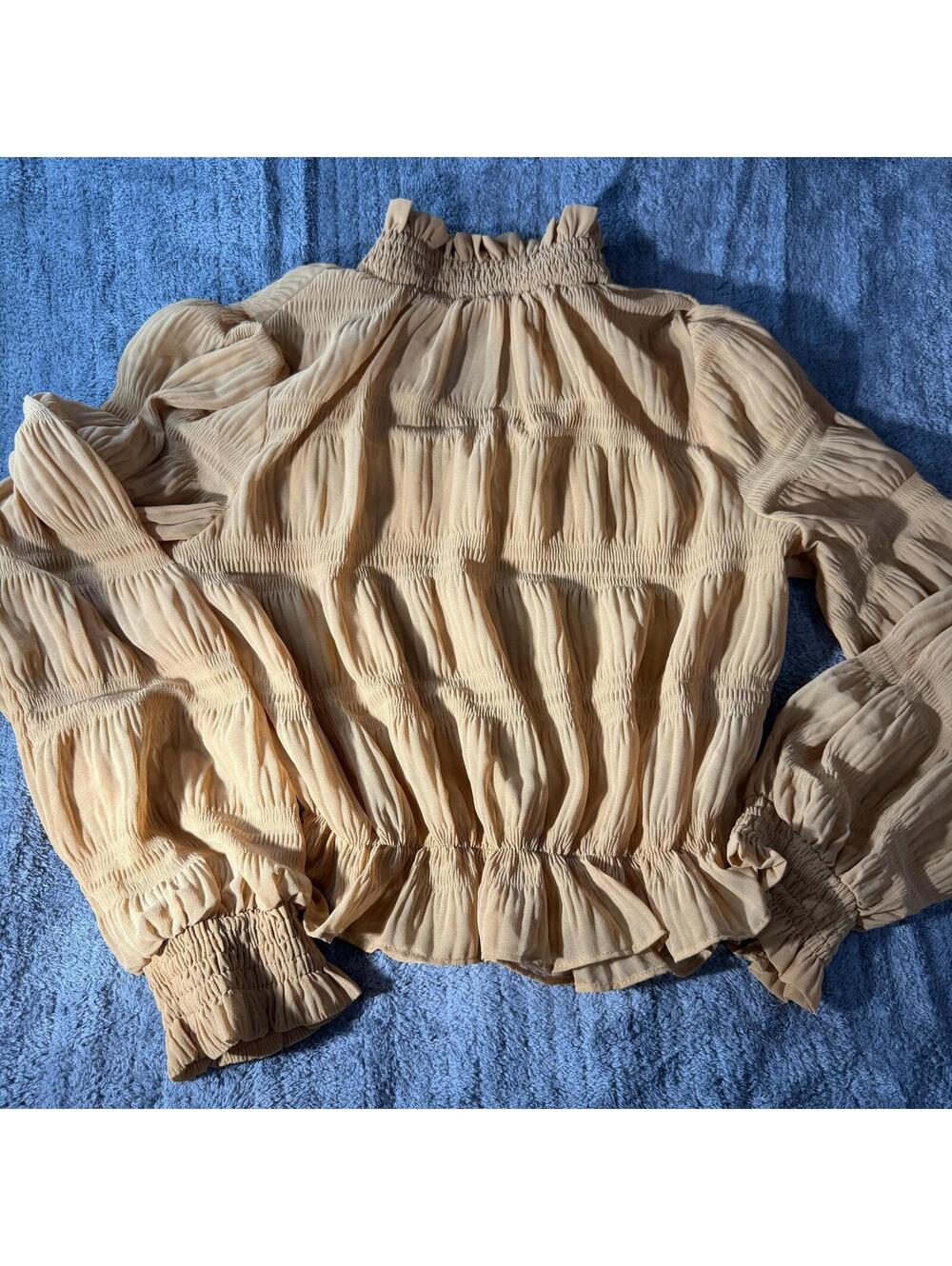 Privy Beige Sheer Smocked Long Sleeve Blouse Ruffle Hem Blouse Top Size Small